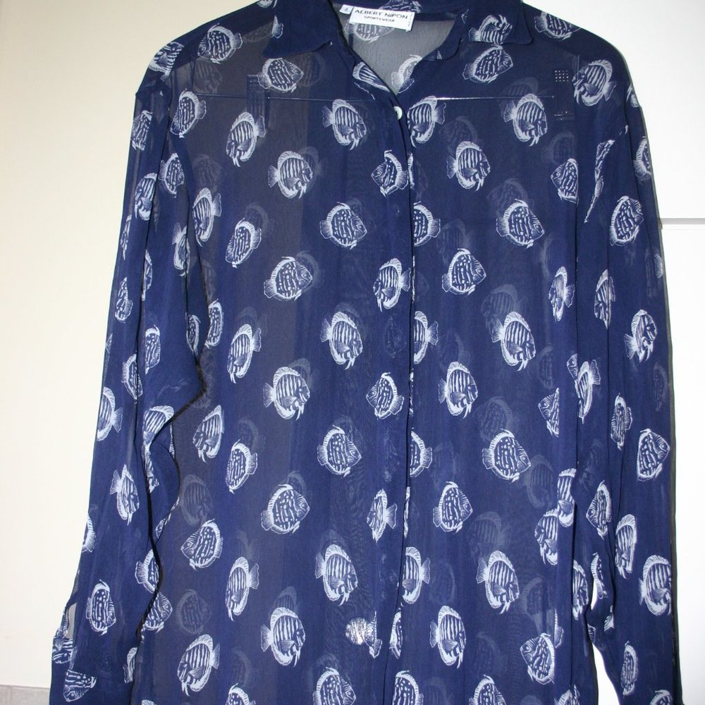Albert Nipon Sheer Navy Blue Tropical Fish Print Blouse Size 8 w/Cuffed Sleeves
